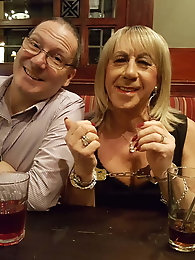 Lisa and Pauline in Handcuffs in the pub with Mike and John